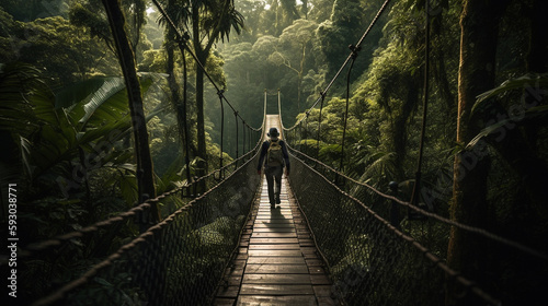 Fototapeta Naklejka Na Ścianę i Meble -  Wanderlust image of suspension bridge deep in rain forest misty air and green fauna around - Generative AI