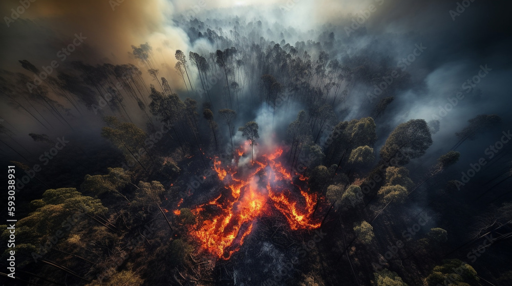 Forest fire natural desaster, drone view showing huge smoke clouds and dying forest - Generative AI