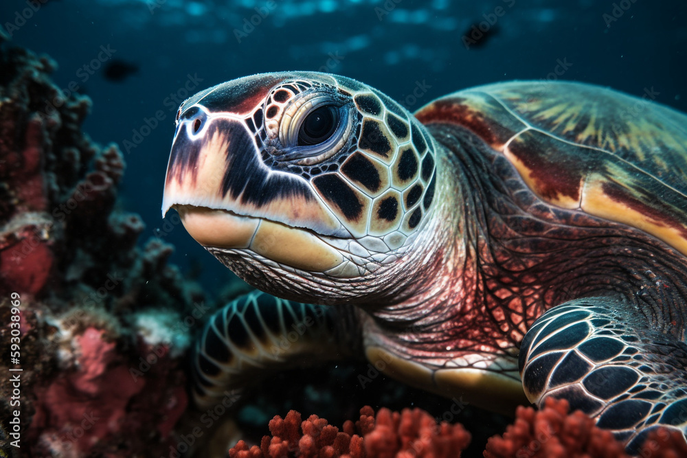 Sea turtle close up in dark coral reef of different colors in deep blue water - Generative AI Sea turtle close up in dark coral reef of different colors in deep blue water - Generative AI