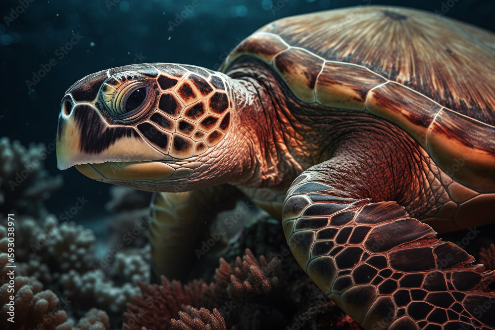 Fototapeta premium Sea turtle close up in dark coral reef of different colors in deep blue water - Generative AI