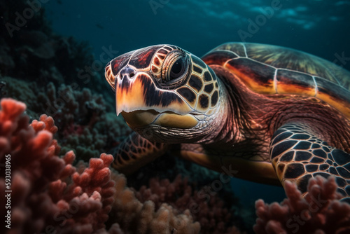 Sea turtle close up in dark coral reef of different colors in deep blue water - Generative AI