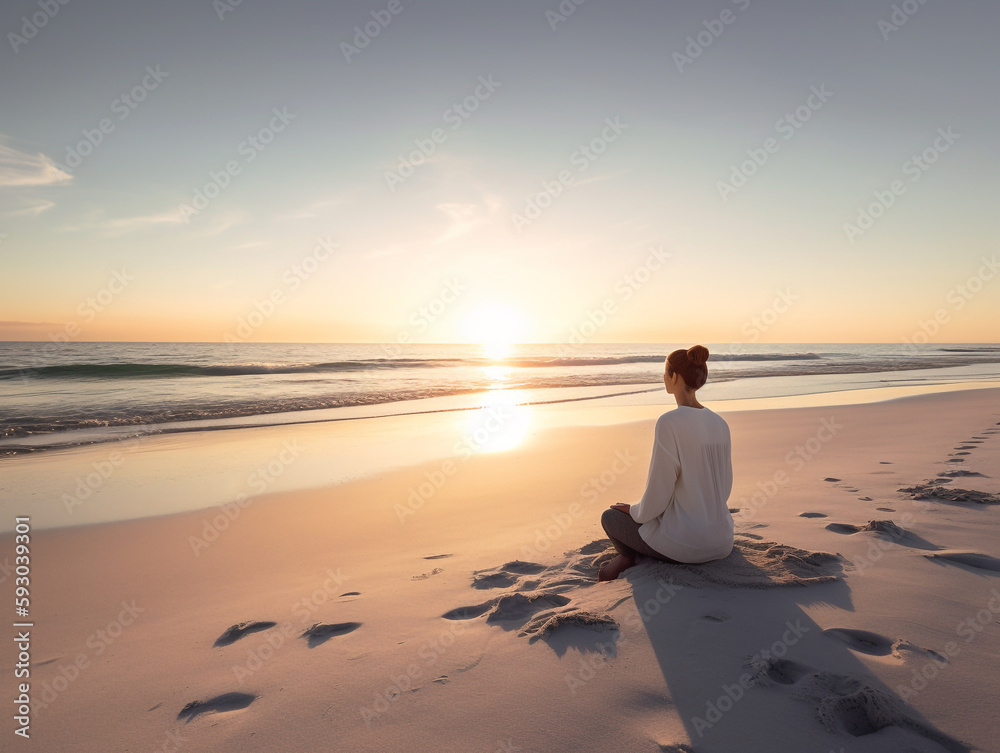 Lonely young woman sitting and meditating on the beach at sunrise, clearing her head and feeling happyness - Generative AI