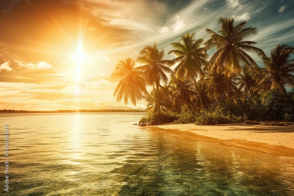 Tropical Paradise With Palm Trees And Sun. Generative AI