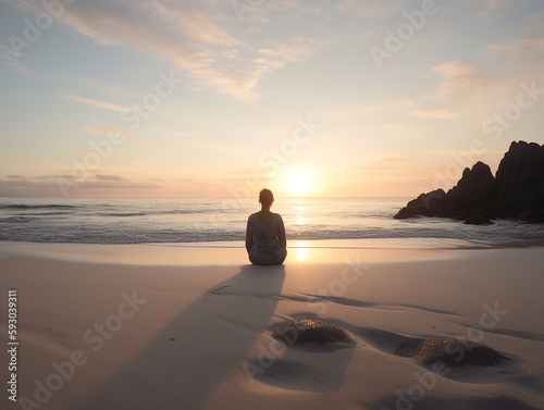 Lonely young woman sitting and meditating on the beach at sunrise, clearing her head and feeling happyness - Generative AI