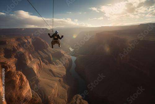 Man jumping from grand cannyon cliff - Generative AI photo