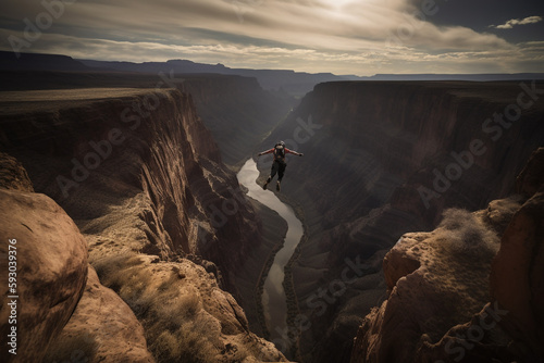 Man jumping from grand cannyon cliff - Generative AI photo