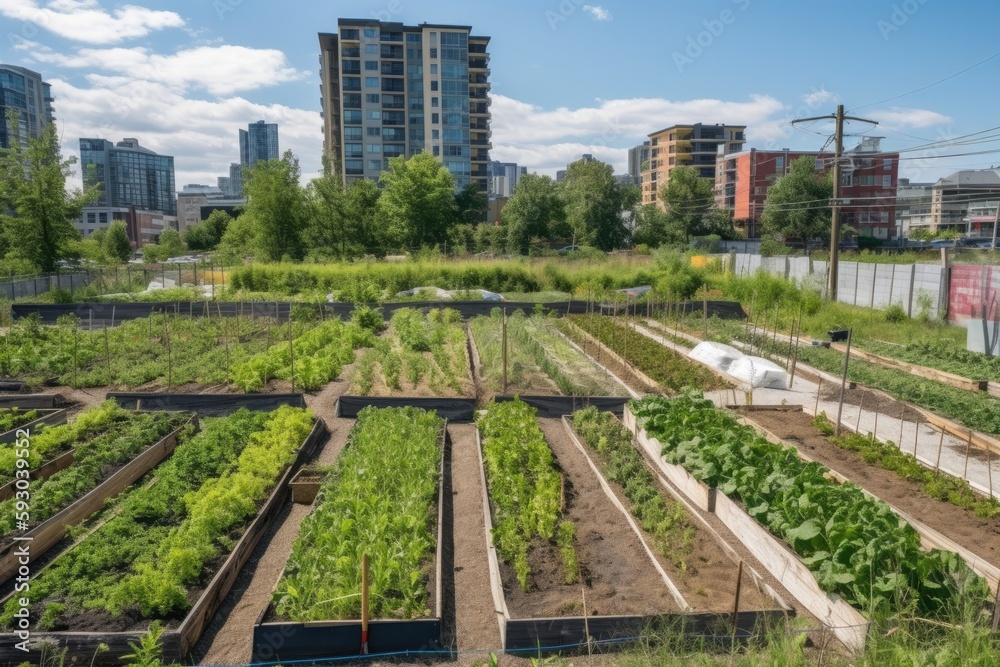 View of community garden or urban farming project, showcasing the importance of ...