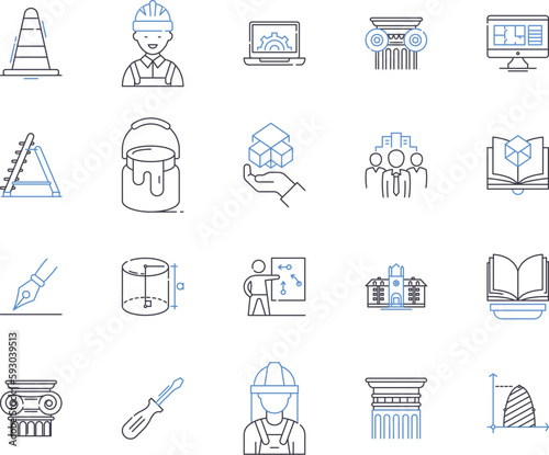 Engineering tech outline icons collection. Engineering, Technology, Innovate, Mechanics, Design, Construct, Develop vector and illustration concept set. Electronic, Mechanical, Architecture linear
