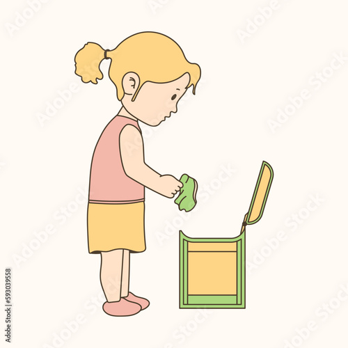 illustration of girl taking out trash, earth day celebration.