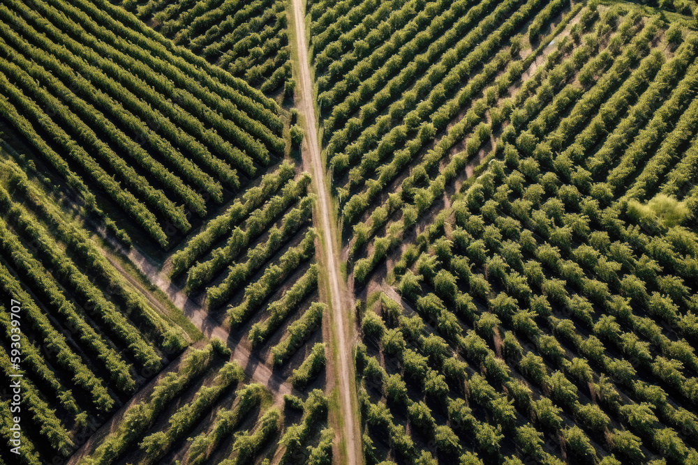 Aerial View Of Vineyard With Geometrically Arranged Rows Of Grapevines. Generative AI Aerial View Of Vineyard With Geometrically Arranged Rows Of Grapevines. Generative AI