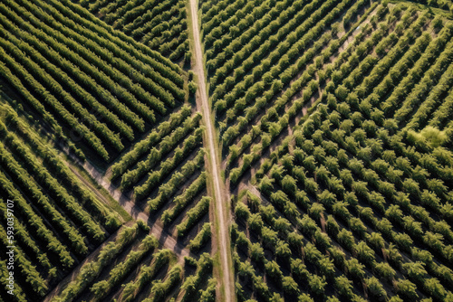 Aerial View Of Vineyard With Geometrically Arranged Rows Of Grapevines. Generative AI