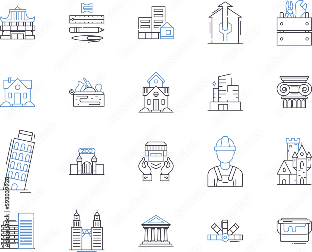 Houses and construction outline icons collection. Housing, Construction, Building, Dwelling, Architectural, Home, Real-Estate vector and illustration concept set. Residential, Estate, Developer linear