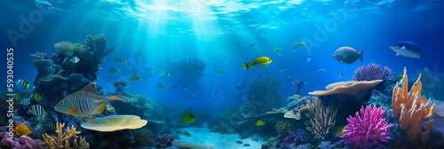 Animals of the underwater sea world. Ecosystem. Colorful tropical fish. Life in the coral reef. Generative AI. © innluga
