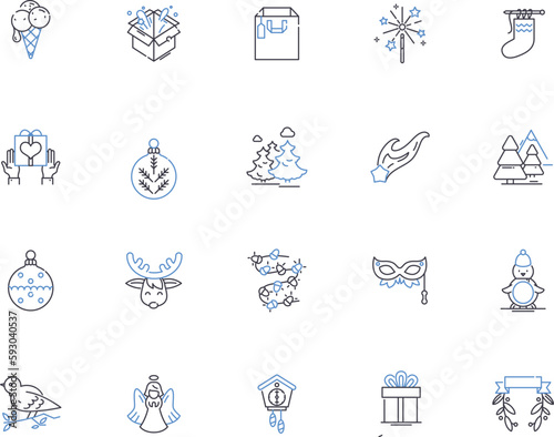 Happy new year outline icons collection. Glad, Joyful, Cheerful, Festive, Bright, Congratulatory, Prosperous vector and illustration concept set. Optimistic, Auspicious, Rejoice linear signs