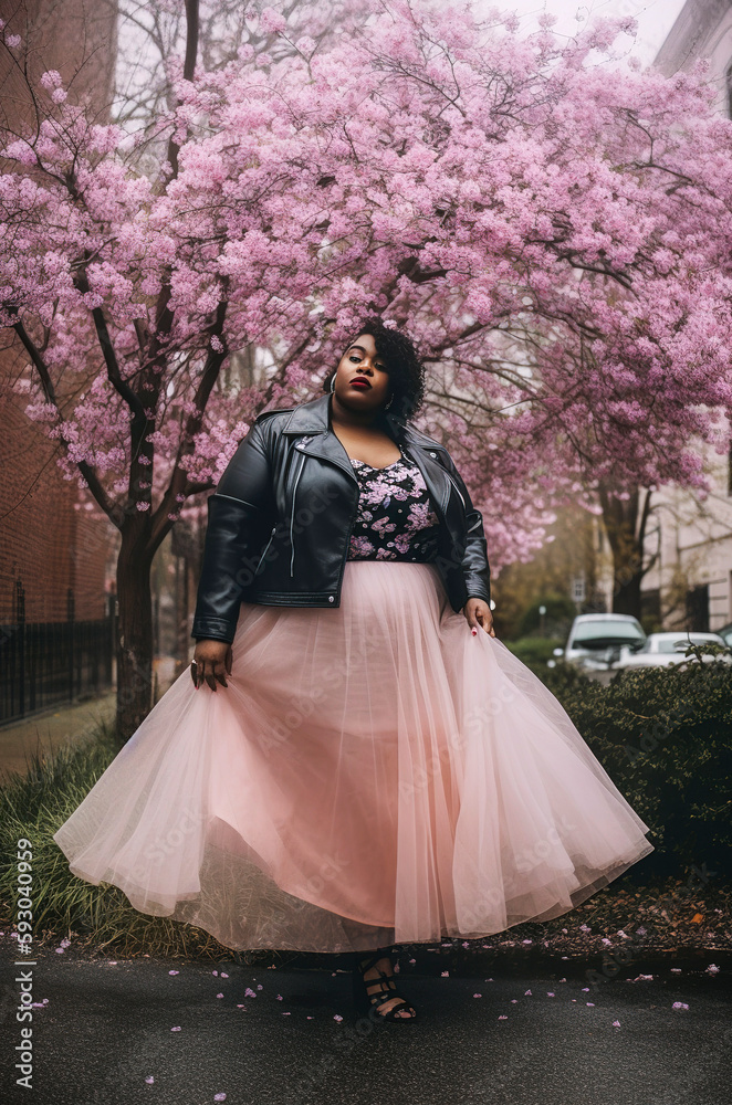 Fototapeta premium Generative AI illustration of plus size beautiful and happy black woman walking down the street with a pink tulle skirt