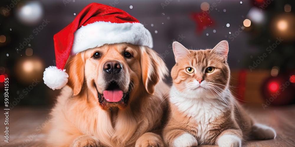 Hund und Katze gemütlich miteinander an Weihnachten auf dem Parketboden