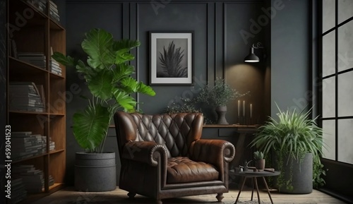 With a leather armchair as its centrepiece and a dark background as its backdrop, this loft interior showcases a stunning blend of elegance and masculinity, generative AI