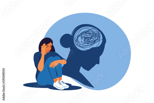 Depressed woman sitting on floor and hugging knees. Mental health concept. Depression, bipolar disorder, obsessive compulsive, post traumatic stress disorder. Vector illustration.