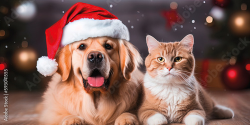 Hund und Katze gemütlich miteinander an Weihnachten auf dem Parketboden © felix