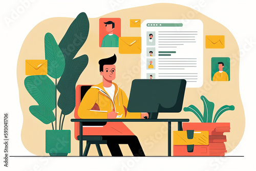 Employee sending follow-up email after an interview or updating his resume profile to attract potential employers. Flat cartoon illustration generative AI © Maryna