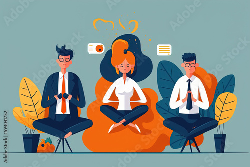 People practicing yoga meditation in office. Workers sitting in lotus position, resting and care about mental health, illustration generative AI