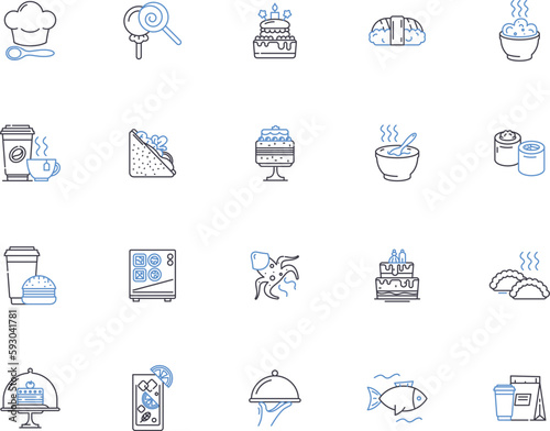 Meals outline icons collection. Food, Dish, Cuisine, Meal, Dinner, Lunch, Supper vector and illustration concept set. Breakfast, Snack, Recipe linear signs