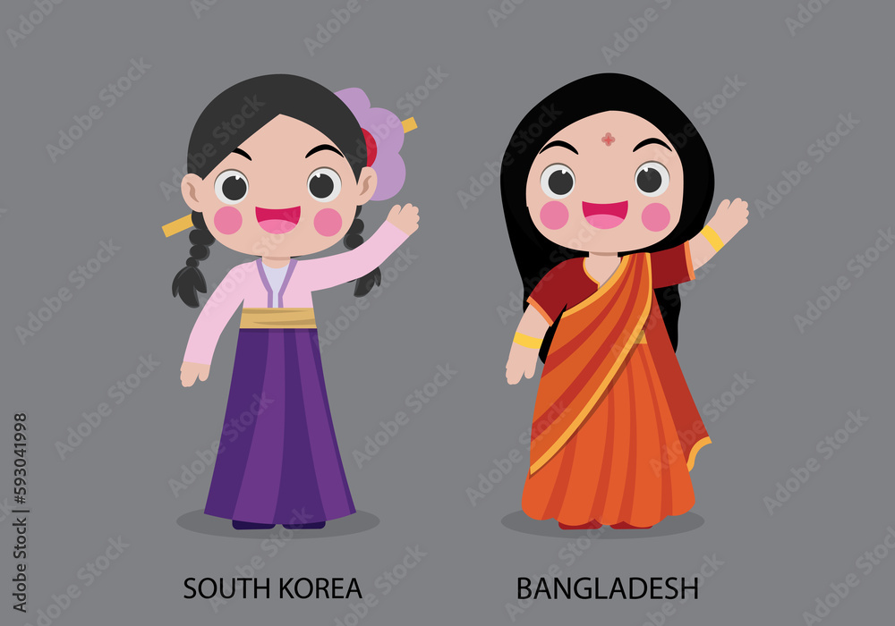 South Korea peopel in national dress. Set of Bangladesh woman dressed in national clothes. Vector flat illustration. South Korea peopel in national dress. Set of Bangladesh woman dressed in national clothes. Vector flat illustration.