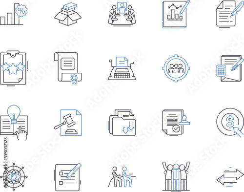 Office and managers outline icons collection. Office, Managers, Supplies, Employees, Documents, Organization, Technology vector and illustration concept set. Chairs, Desks, Administration linear signs