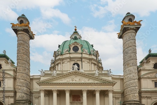 Main facade of the Church of St Charles Borromeo in Vienna, Austria