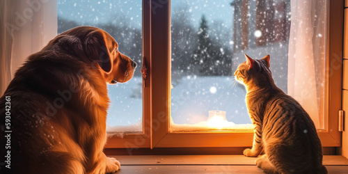 Hund und Katze gemütlich miteinander im Winter am Fenster