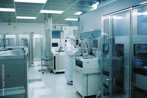 intricate process of wafer fabrication, showcasing the cleanroom environment, advanced equipment - Generative AI