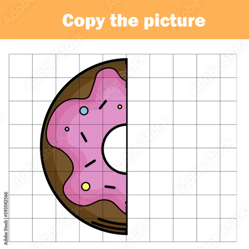 Grid copy game, complete the picture educational children game. Printable kids activity sheet. learning Symmetry drawing