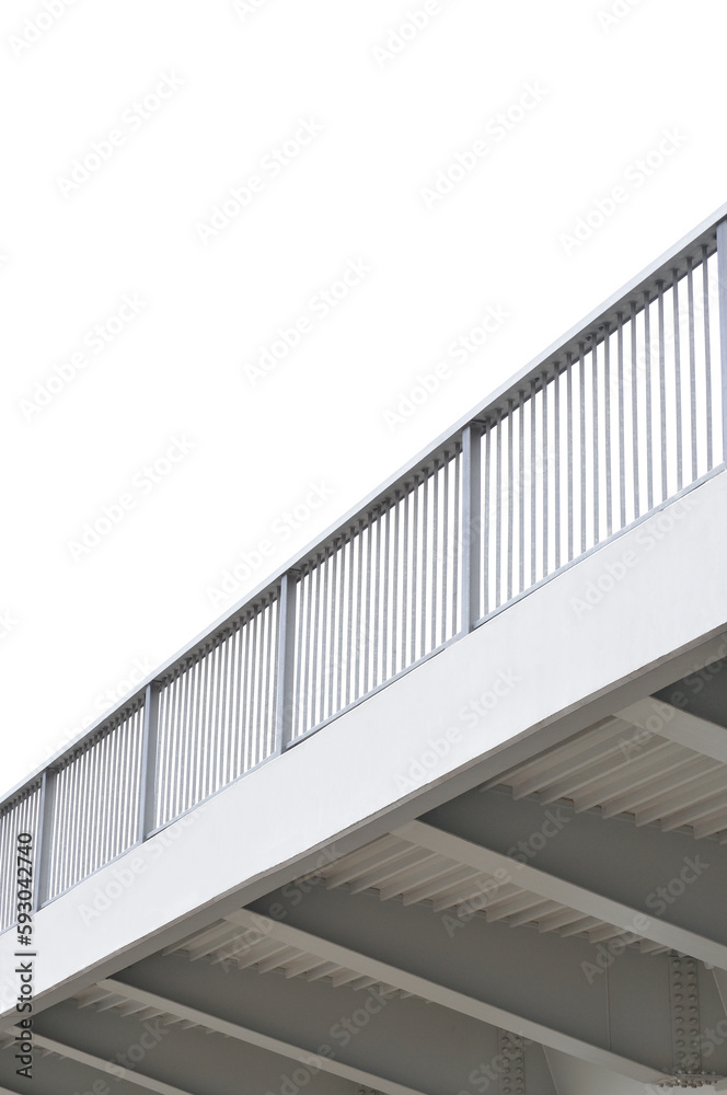 Obraz premium Steel bridge girder span, blue grey metal pillar guardrails, modern contemporary industrial flyover overpass railings perspective, large detailed vertical isolated closeup, blank empty copy space