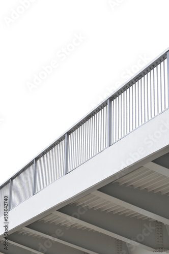 Steel bridge girder span, blue grey metal pillar guardrails, modern contemporary industrial flyover overpass railings perspective, large detailed vertical isolated closeup, blank empty copy space