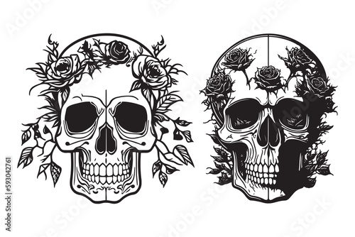 Skull With Rose Flower Black Outline Vector. Human skull with rose sketch drawing, tattoo vector illustration isolated on white background