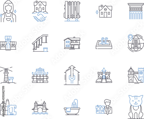 Houses and accomodation outline icons collection. Home, Accommodation, Residence, Abode, Lodging, Domicile, Dwelling vector and illustration concept set. Villa, Cottage, Mansion linear signs