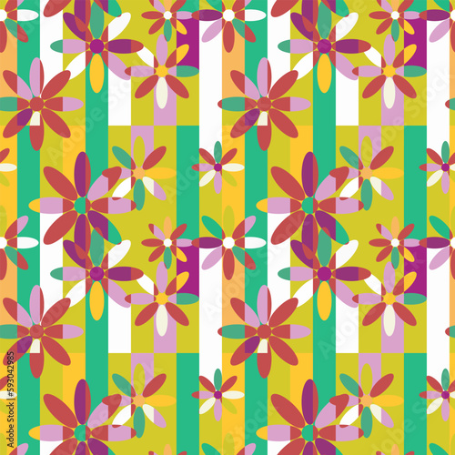seamless pattern with multi colored daisies on colorful background.