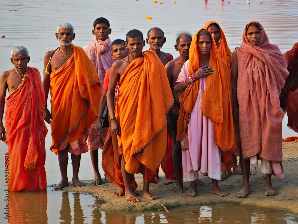 Naklejka premium Indian people with traditional sari dress near Ganges river. Ai Generative.