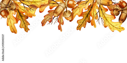 watercolor horizontal border with autumn oak leaves and acorns, hand drawn illustration of yellow and orange trees leaf, white background