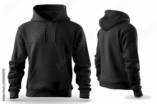 Blank black male hoodie sweatshirt long sleeve, mens hoody with hood for your design mockup for print, isolated on white background. Generative Ai.
