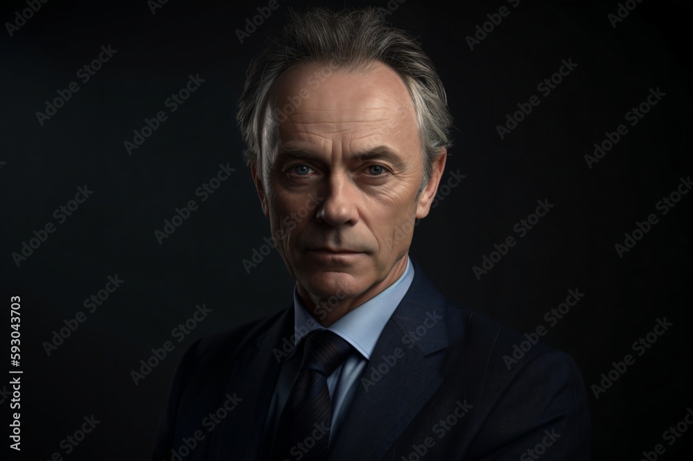 serious businessman with gray shady hair in black suit with light shirt and dark tie created with Generative AI technology