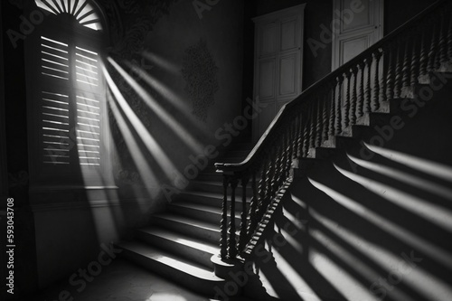 light falls through a louvered window onto an old staircase created with Generative AI technology