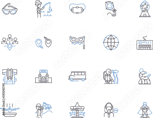 Budget travel outline icons collection. Cheap, Budget, Affordable, Frugal, Economic, Thrifty, Low-cost vector and illustration concept set. Discounted, Sightseeing, Touring linear signs
