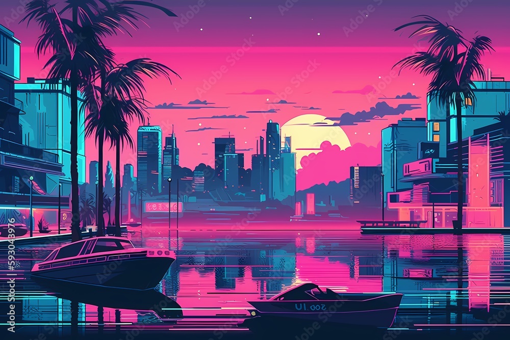 Fototapeta premium Retro futuristic synthwave retrowave styled night cityscape with sunset on background. Cover or banner template for retro wave music. Art illustration. Generative ai.