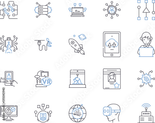 Automation tech outline icons collection. Automation, Technology, Robotics, AI, Machine Learning, Automated, Coding vector and illustration concept set. Software, Control, Processes linear signs