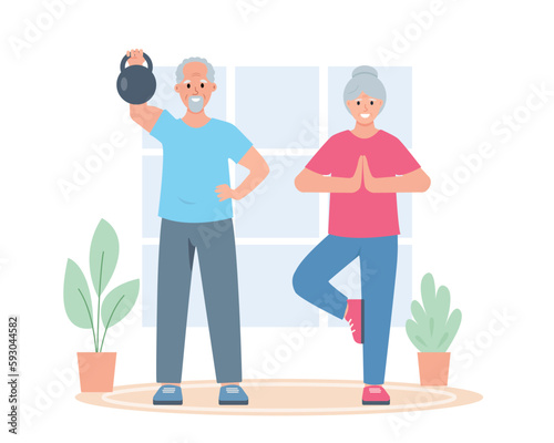Elderly couple of man and woman doing exercises at home. Senior people active healthy lifestyle concept. Vector cartoon or flat illustration.