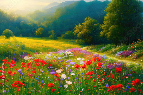 Fototapeta Naklejka Na Ścianę i Meble -  Watercolor flowers landscape background, abstract flowers made from watercolor paint splashes summer landscape, impressionism style illustration. Generative AI.