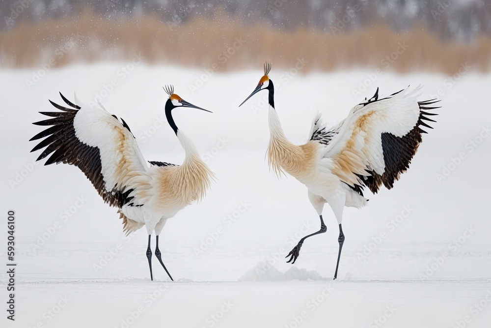 Obraz premium Two Japanese Cranes are dancing on the snow. Generative AI