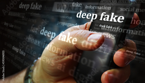 Deep fake hoax and manipulation news titles on screen in hand 3d illustration