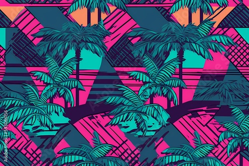 Retrowave exotic leaves summer funky shirt seamless pattern. 80s 90s pop art memphis style. Miami or Hawaii style. Expressive ornament for textile, wrapping. Generative ai.